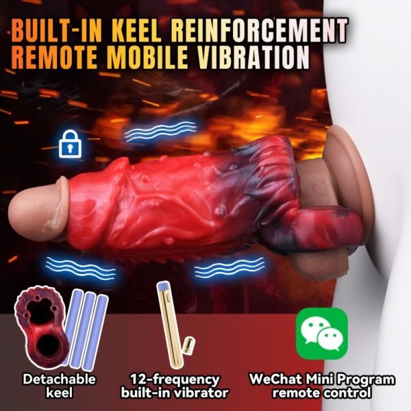 Halb-Ummanteltes Fantasy Vibrations Mikropenis - Blutroter Silikon Penis Vergrößerungs Aufsatz – Bild 3