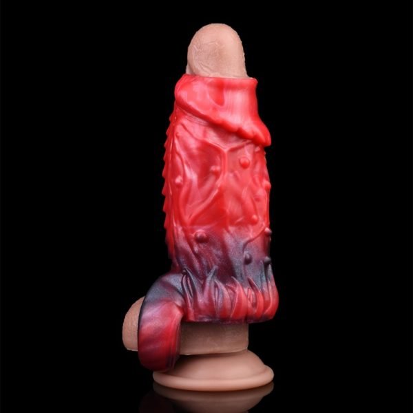 Halb-Ummanteltes Fantasy Vibrations Mikropenis - Blutroter Silikon Penis Vergrößerungs Aufsatz