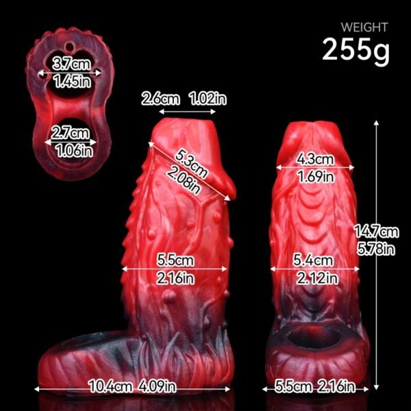 Halb-Ummanteltes Fantasy Vibrations Mikropenis - Blutroter Silikon Penis Vergrößerungs Aufsatz – Bild 12