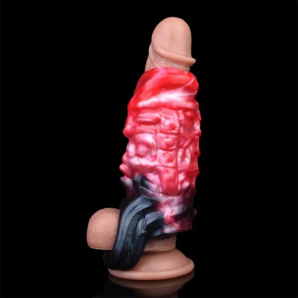 Monster-Fantasy Vibrations-Mikropenis - Blutrotes Silikon mit Hodenfixierung und Ringsystem – Bild 11